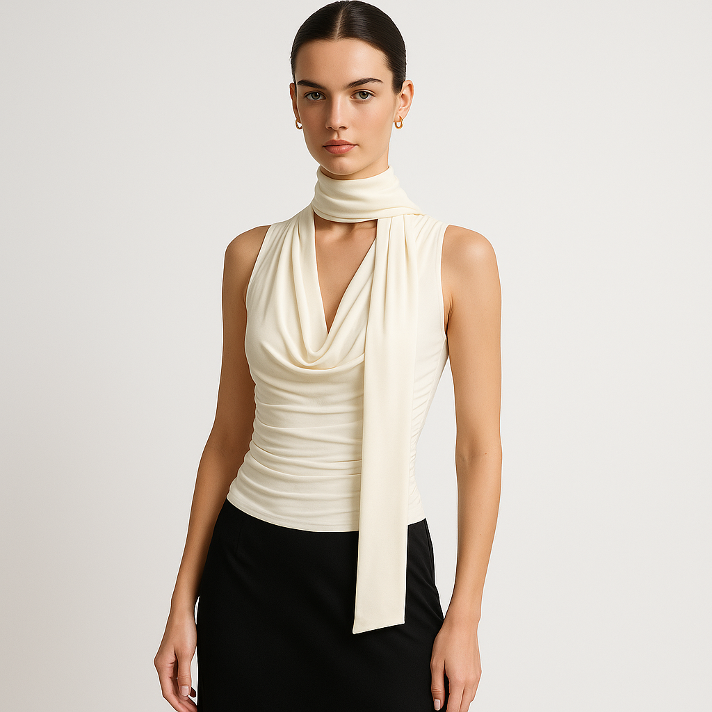 Top Drapé Sans Manches | Col Foulard Intégré | Coupe Ajustée Fluide