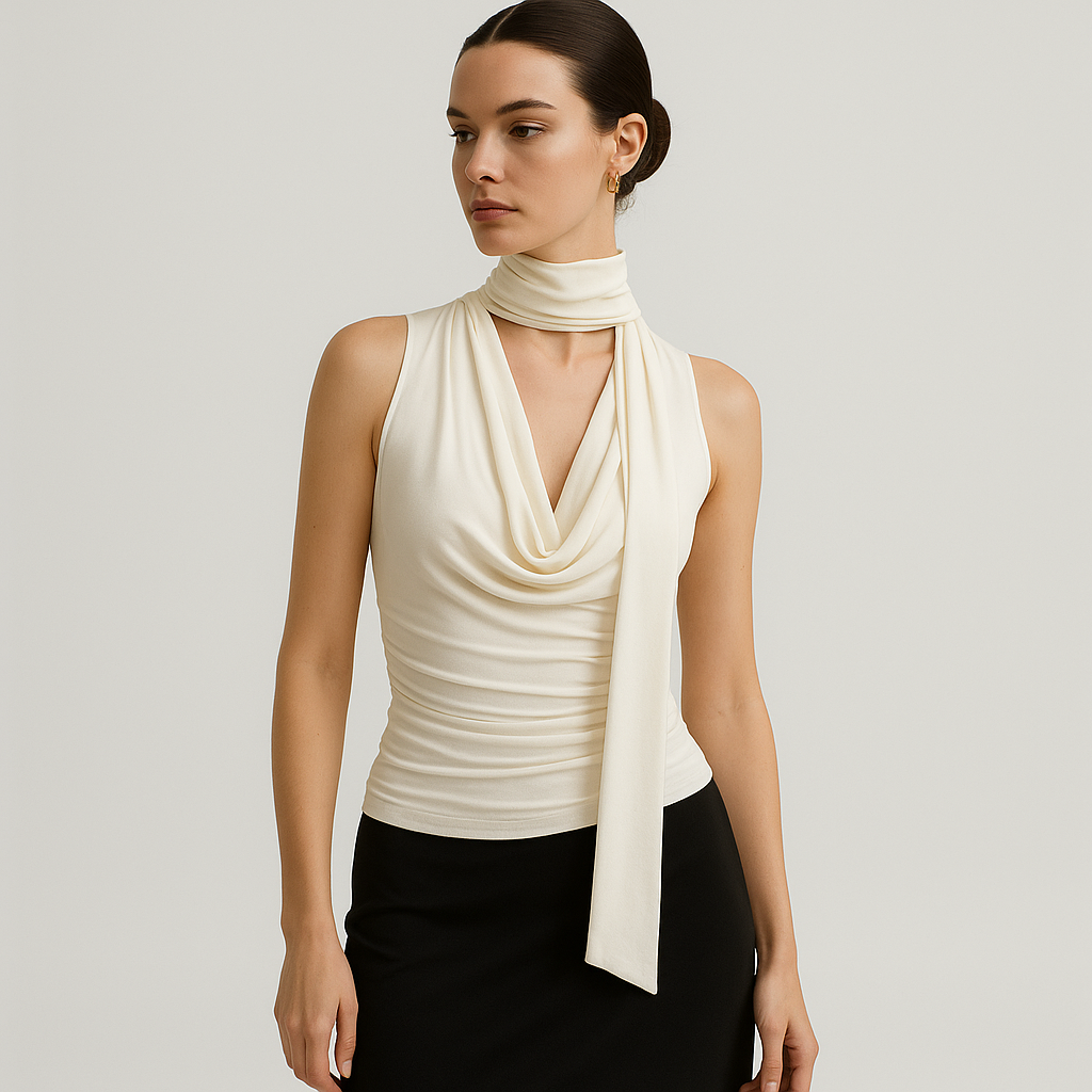 Top Drapé Sans Manches | Col Foulard Intégré | Coupe Ajustée Fluide