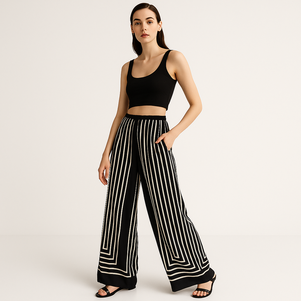 Pantalon Large | Rayures Graphiques | Fluide et Moderne