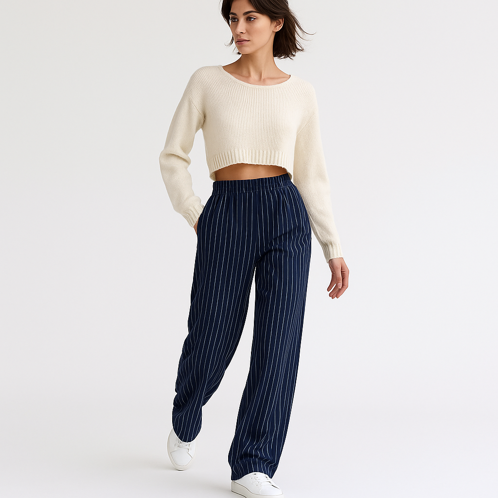 Pantalon Fluide | Taille Élastique | Rayures Élancées et Confort Moderne