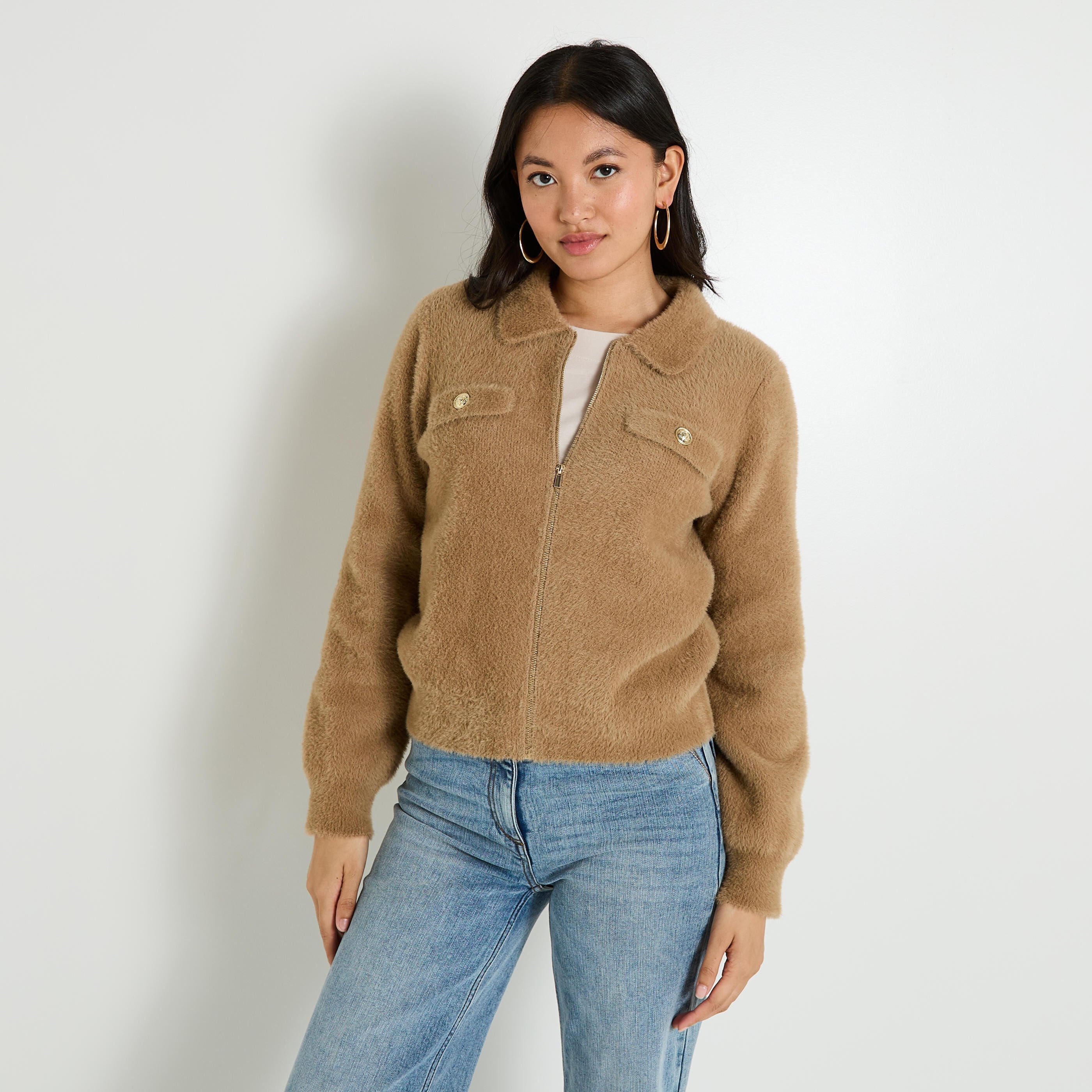Veste Zippée Effet Duveteux