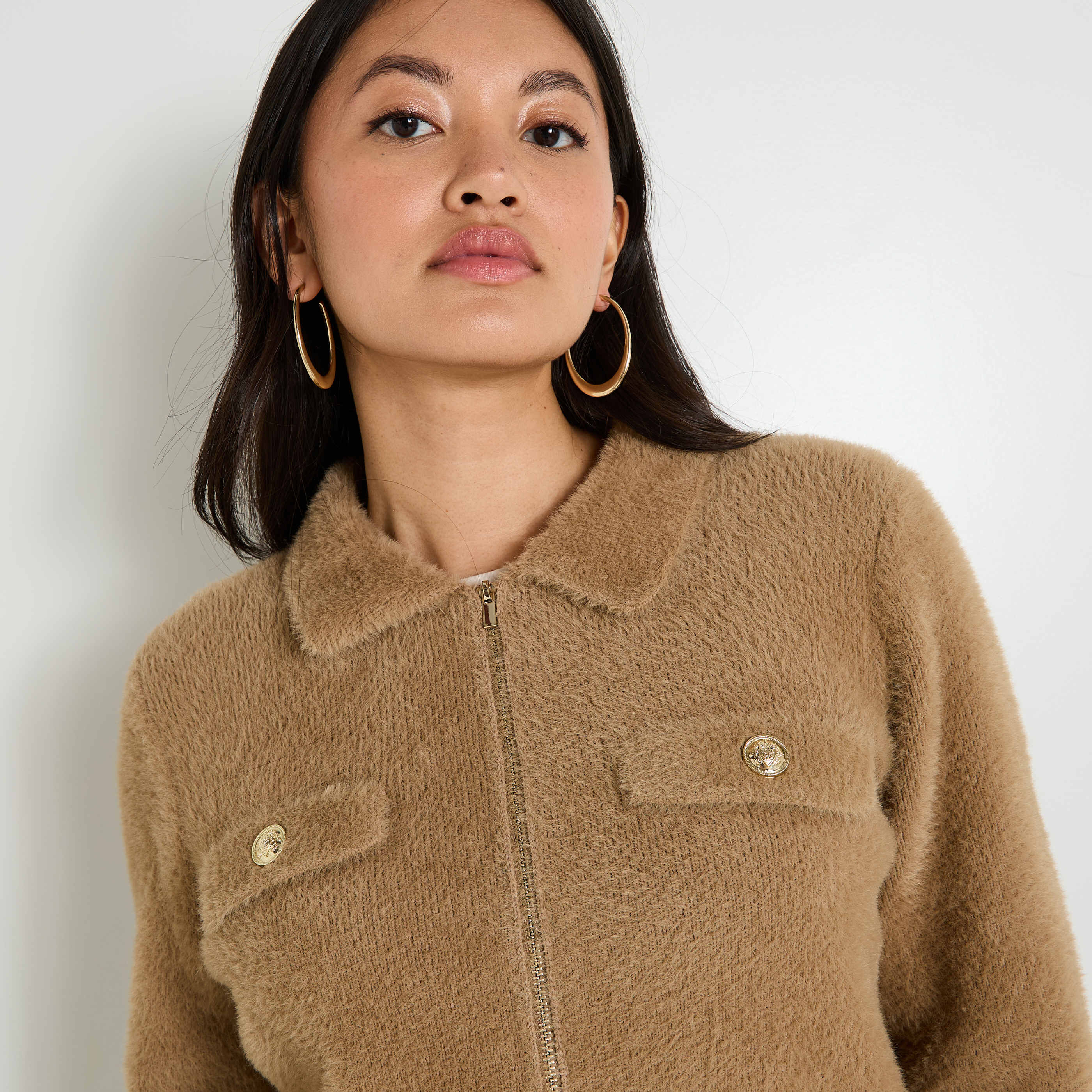 Veste Zippée Effet Duveteux